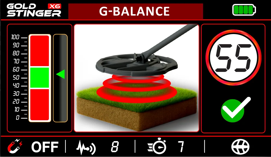 Gold Stinger X6 ground balance screen for soil calibration