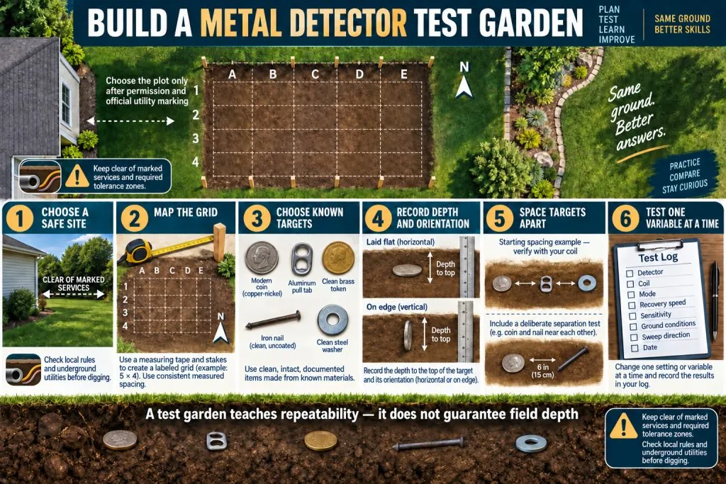 A planned metal detector test garden separates targets, records their depth and orientation, and uses the same marked sweep paths for repeatable comparisons